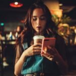 Chica en una tienda, mirando su celular y tomando cafe.