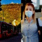 Un carro rojo en las calles de Soacha, al lado del carro, transitan personas con tapabocas.