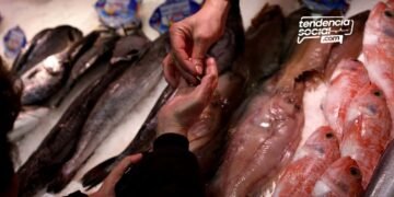 Una persona compra pescado.