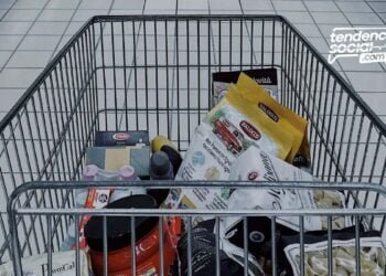 una cesta de mercado con alimentos en una tienda de comida.