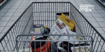 una cesta de mercado con alimentos en una tienda de comida.